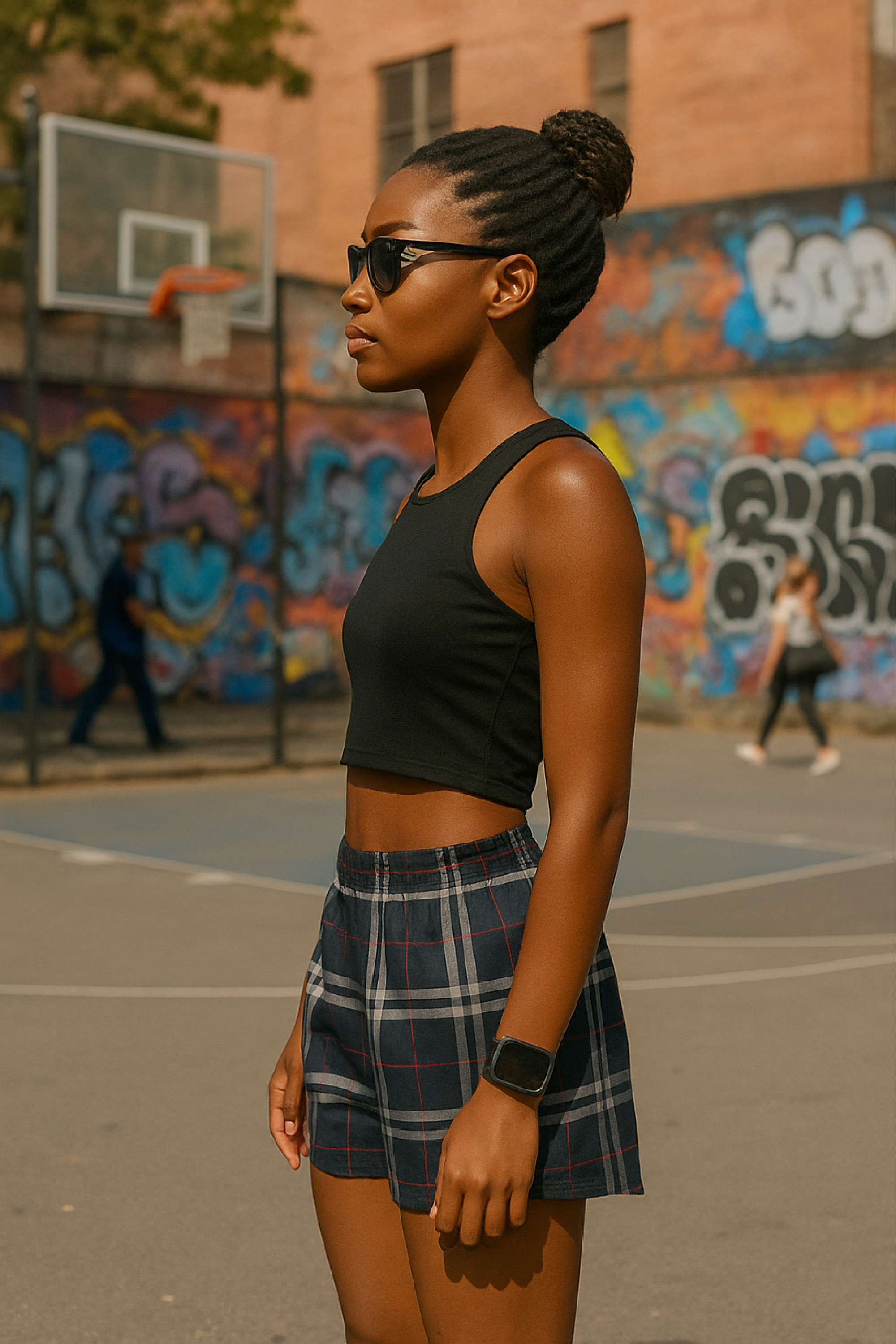 RF Wear Women's Tartan Plaid Shorts  Navy/White - Model Side View