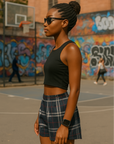 RF Wear Women's Tartan Plaid Shorts Navy/White - Model Side View