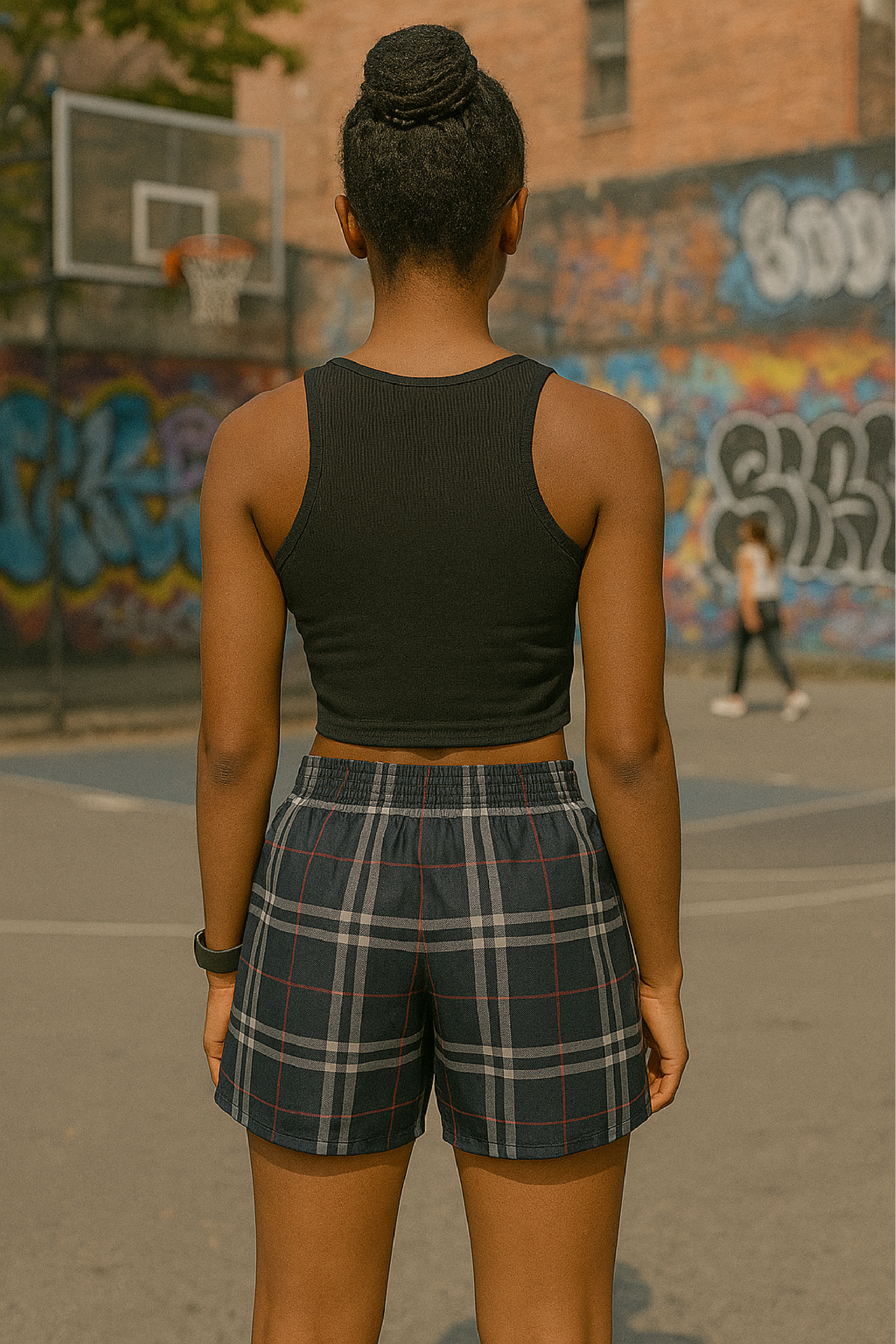 RF Wear Women's Tartan Plaid Shorts  Navy/White - Model Back View