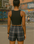 RF Wear Women's Tartan Plaid Shorts Navy/White - Model Back View