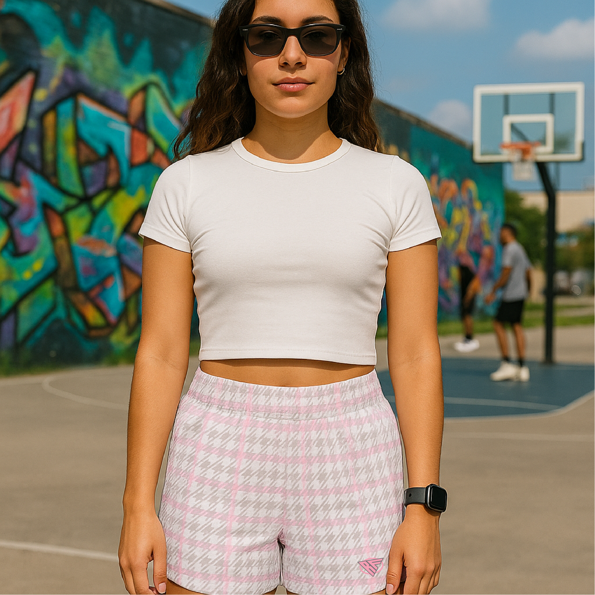 RF Wear Women's Tartan Plaid Shorts - Pink/White - Model Front View