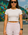 RF Wear Women's Tartan Plaid Shorts - Pink/White - Model Front View