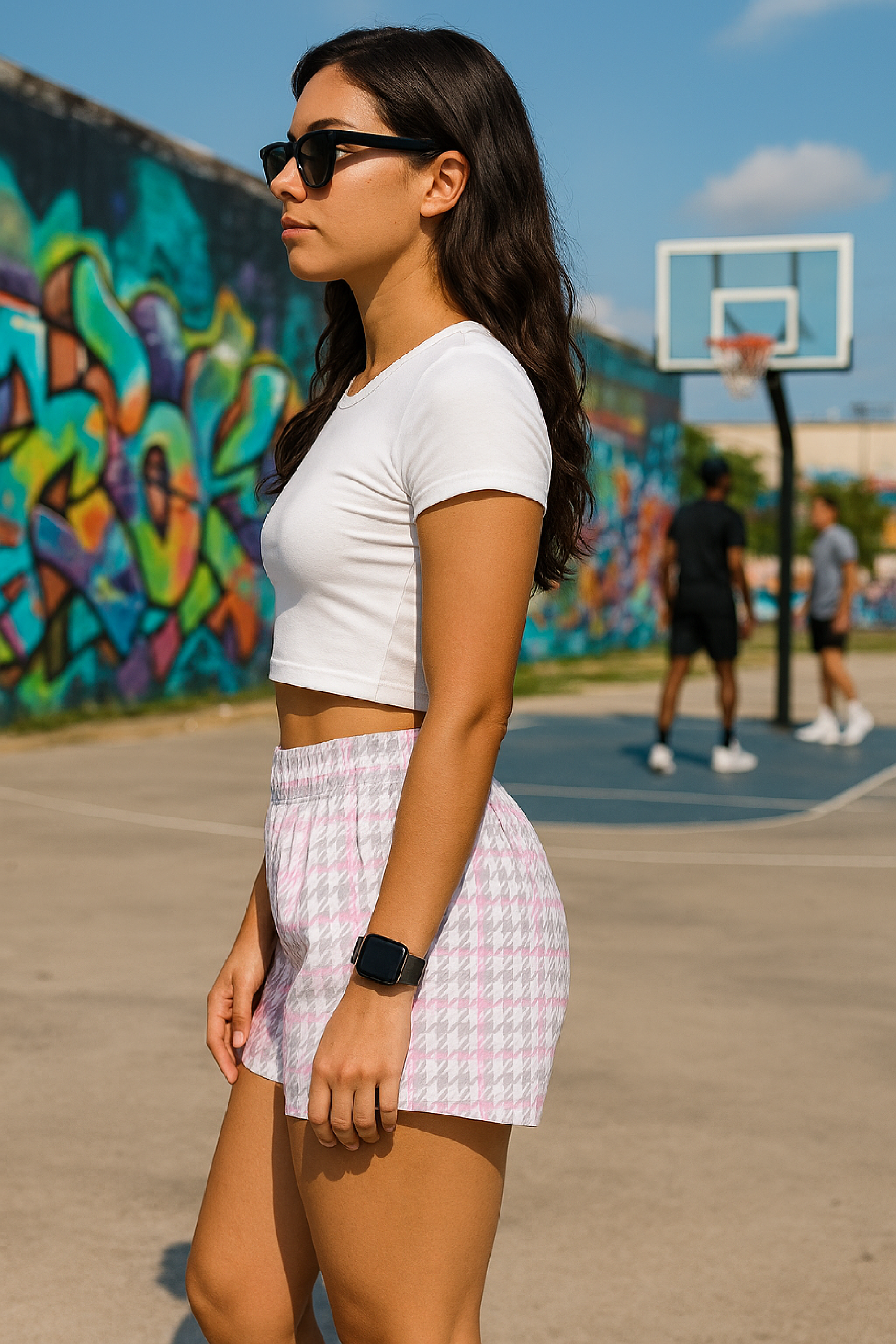 RF Wear Women's Tartan Plaid Shorts - Pink/White - Model Side View