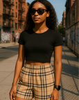 RF Wear Women's Tartan Plaid Shorts - Tan/Black - Model Front View