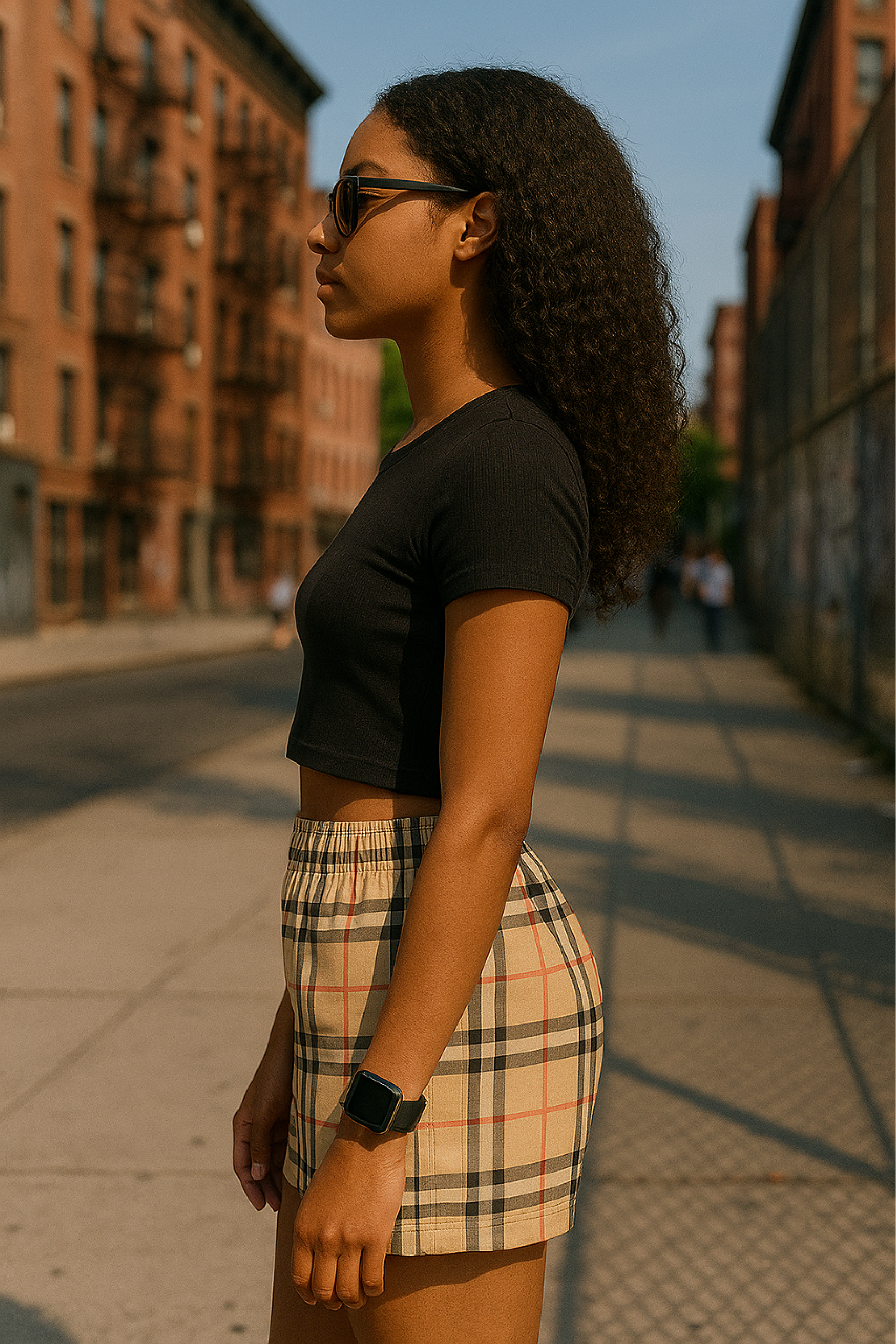 RF Wear Women's Tartan Plaid Shorts - Tan/Black - Model Side View