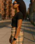 RF Wear Women's Tartan Plaid Shorts - Tan/Black - Model Side View