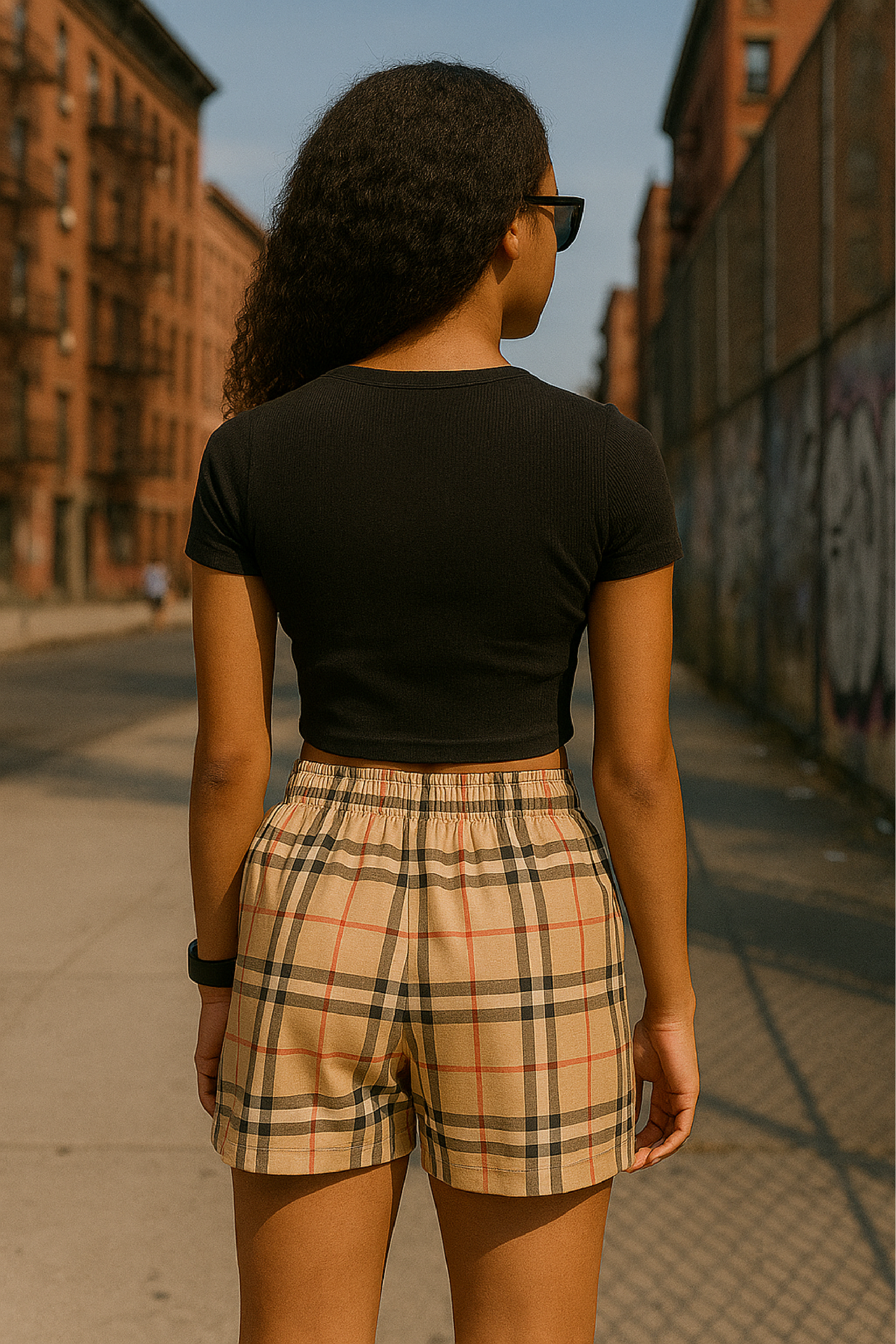 RF Wear Women's Tartan Plaid Shorts - Tan/Black - Model Back View