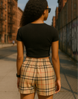 RF Wear Women's Tartan Plaid Shorts - Tan/Black - Model Back View