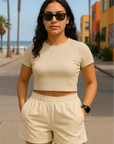 RF Wear Women's Solid Color Pocket Shorts - Cream - Model Front View
