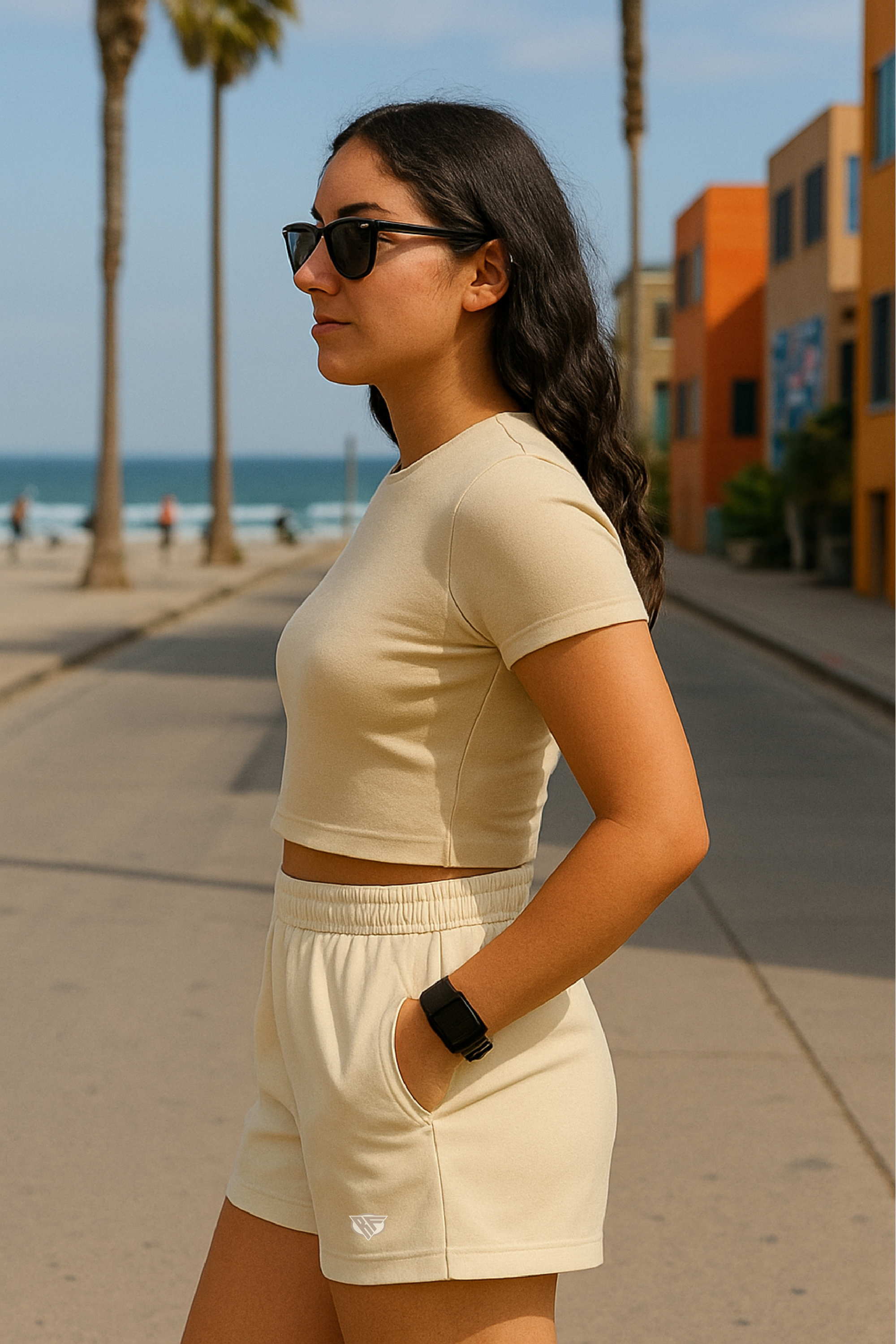 RF Wear Women's Solid Color Pocket Shorts - Cream - Model Side View