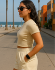 RF Wear Women's Solid Color Pocket Shorts - Cream - Model Side View