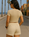 RF Wear Women's Solid Color Pocket Shorts - Cream - Model Back View