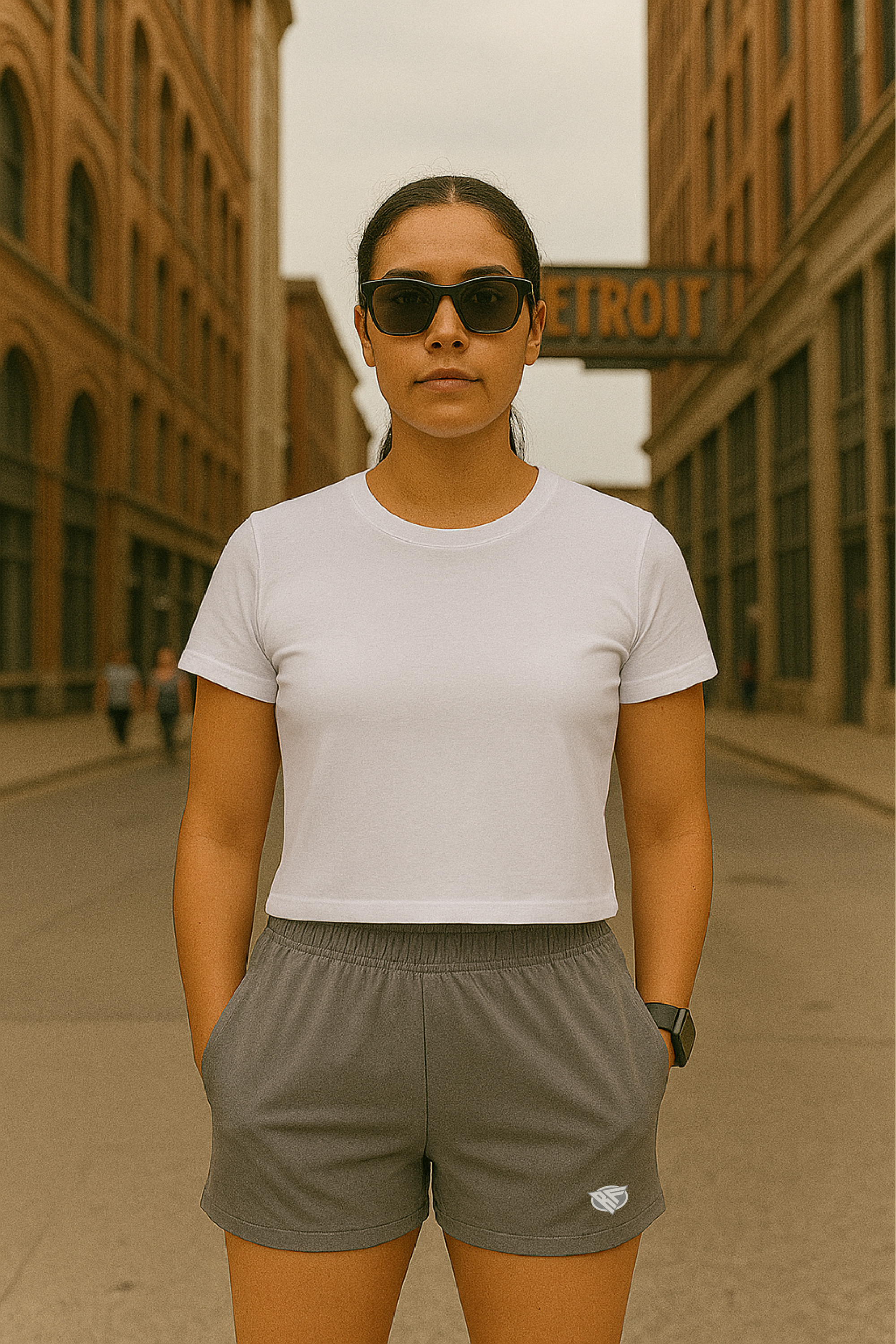 RF  Wear Women's Solid Color Pocket Shorts - Grey - Model Front View