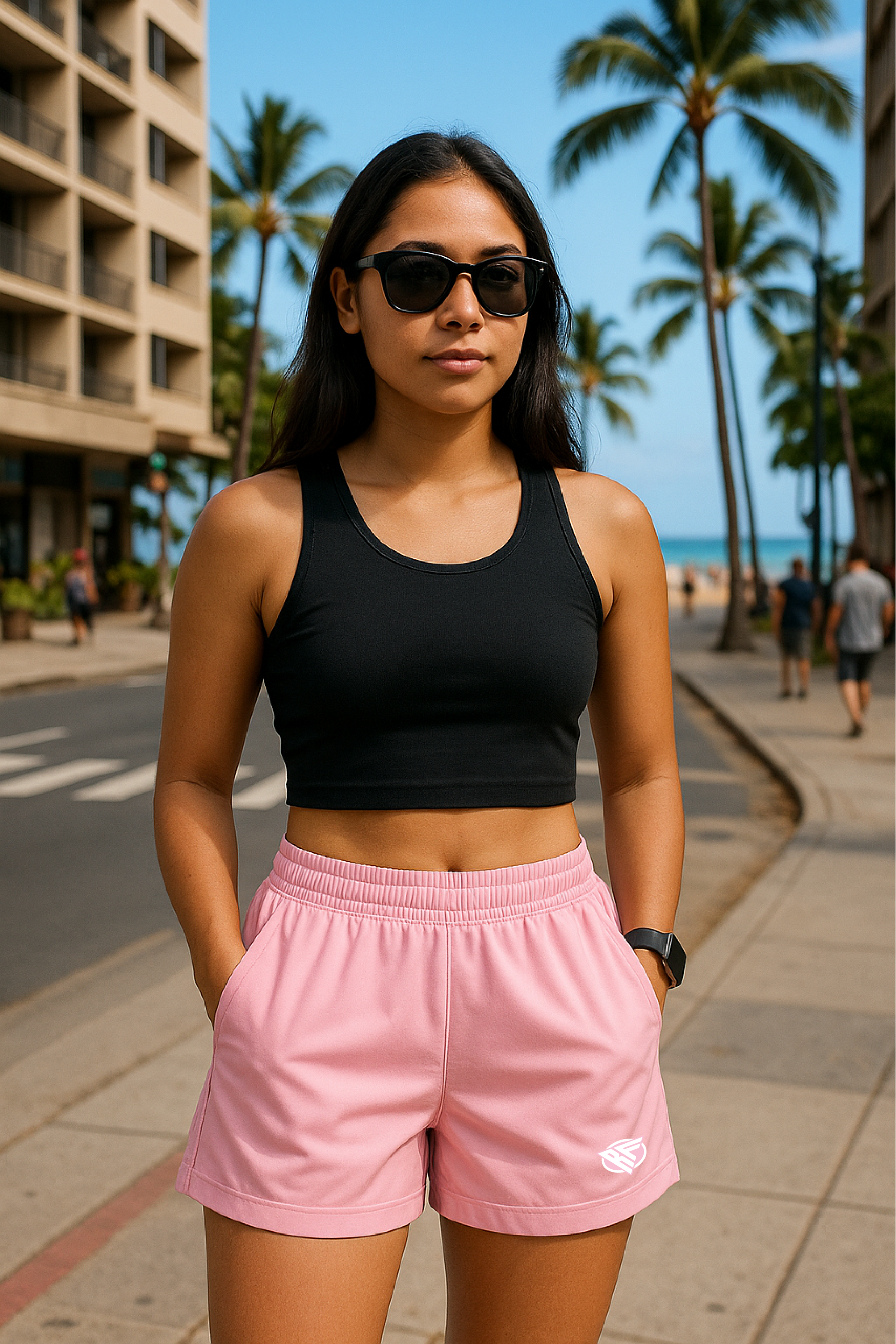 RF Wear Women's Solid Color Pocket Shorts - Pink - Model Front View