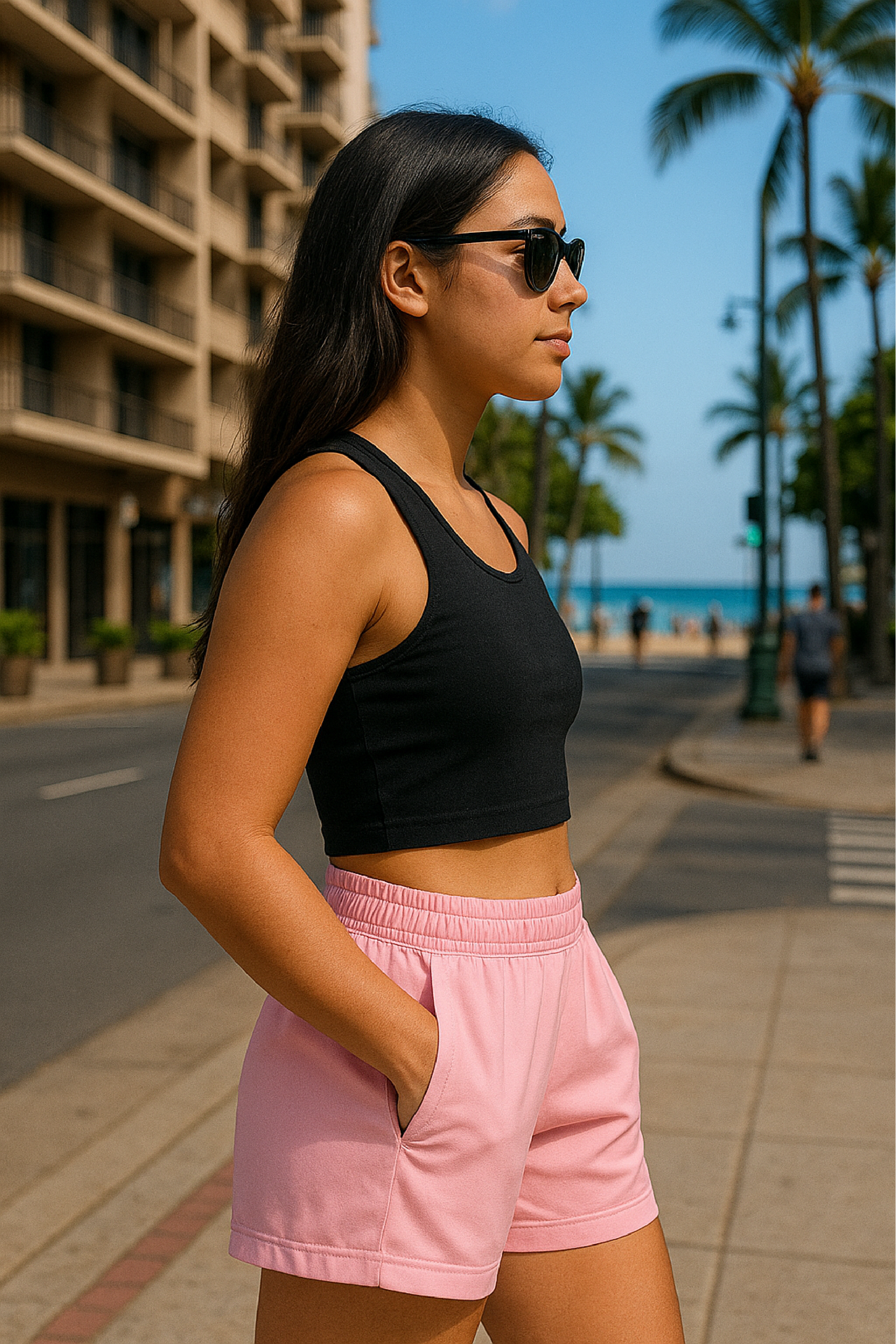 RF Wear Women's Solid Color Pocket Shorts - Pink - Model Side View
