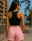 RF Wear Women's Solid Color Pocket Shorts - Pink - Model Back View