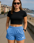 RF Wear Women's Solid Color Pocket Shorts - Sky-Blue - Model Front View