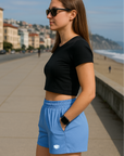 RF Wear Women's Solid Color Pocket Shorts - Sky-Blue - Model Side View