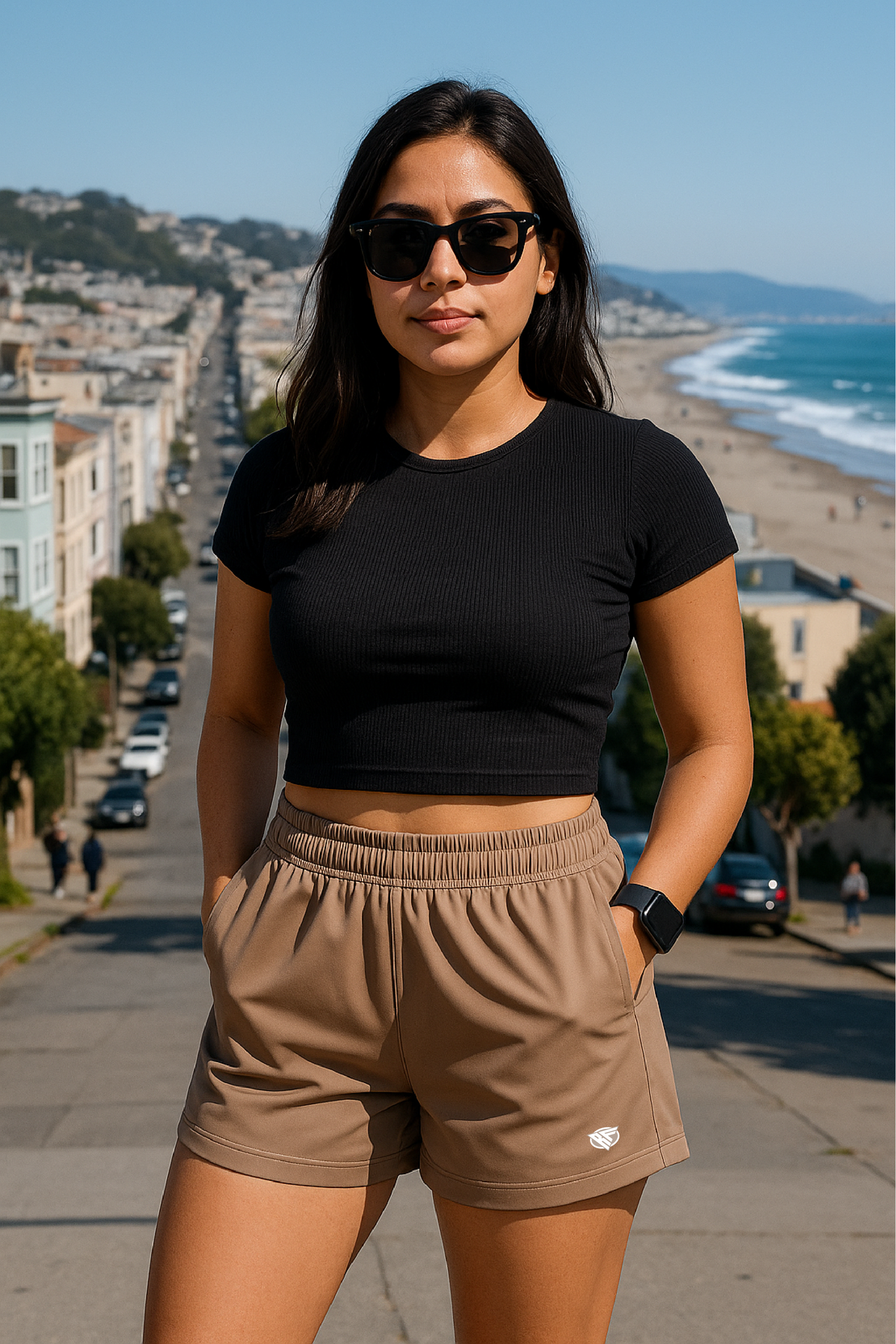 RF Wear Women's Solid Color Pocket Shorts - Tan - Model Front View
