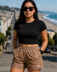RF Wear Women's Solid Color Pocket Shorts - Tan - Model Front View