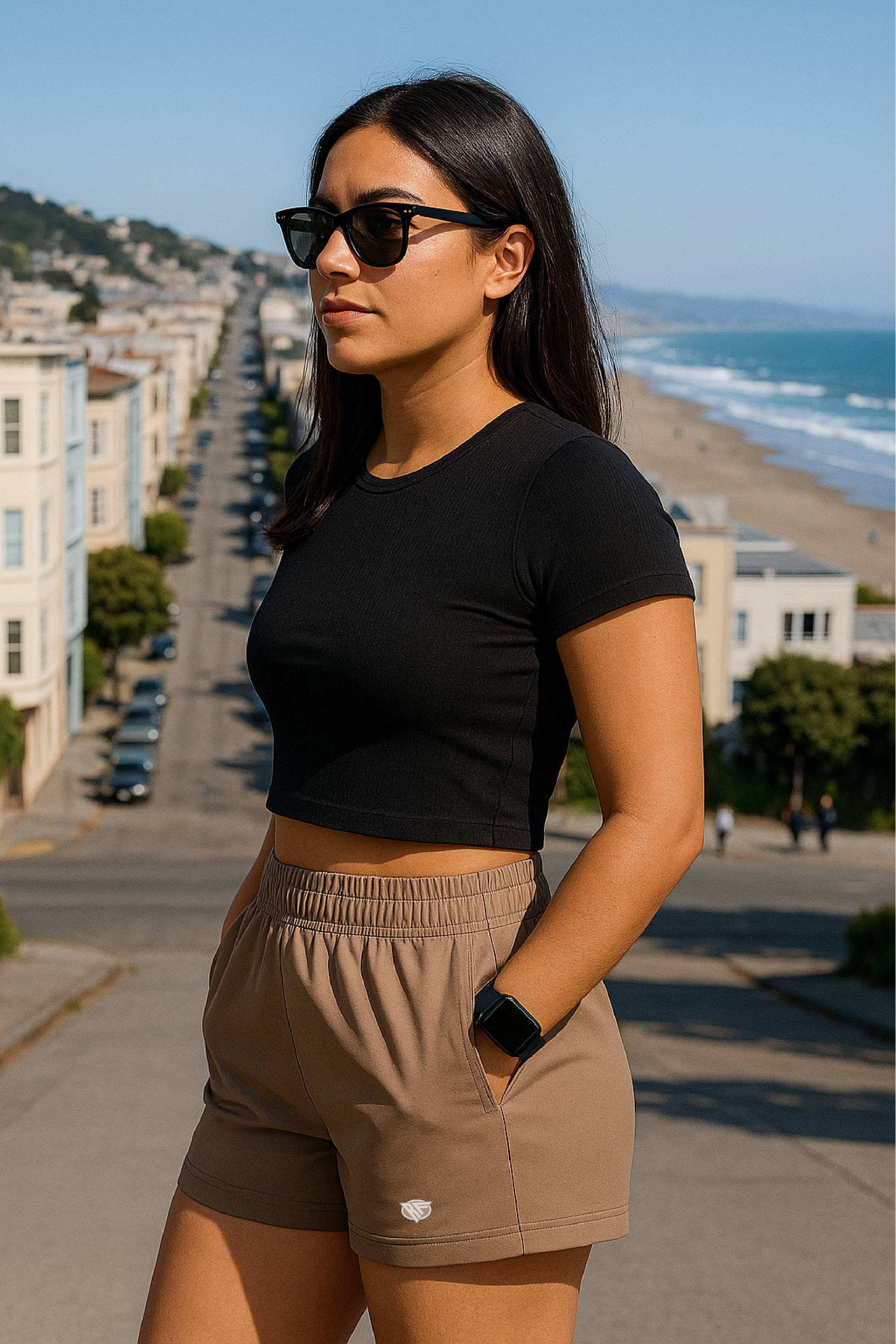 RF Wear Women's Solid Color Pocket Shorts - Tan - Model Side View