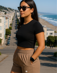 RF Wear Women's Solid Color Pocket Shorts - Tan - Model Side View