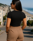 RF Wear Women's Solid Color Pocket Shorts - Tan - Model Back View