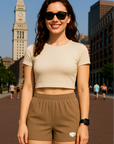 RF Wear Women's Solid Color Shorts - Tan - Model Front View