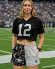 RF Wear Women's Split Paisley Pocket Shorts Black/Silver/White - Model Front View