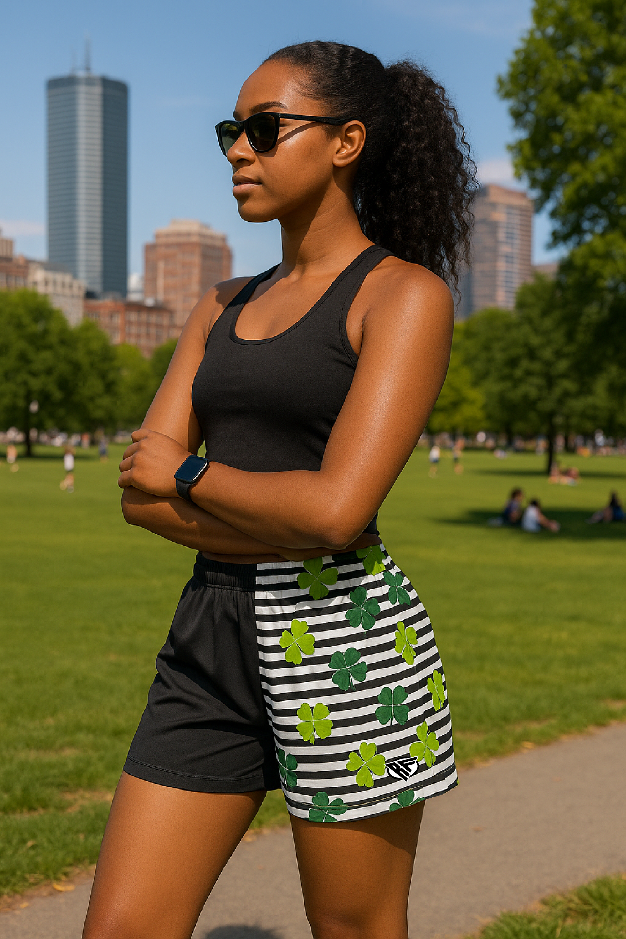 RF Wear Women's Split Shamrock Shorts - Black/Green - Model Side View