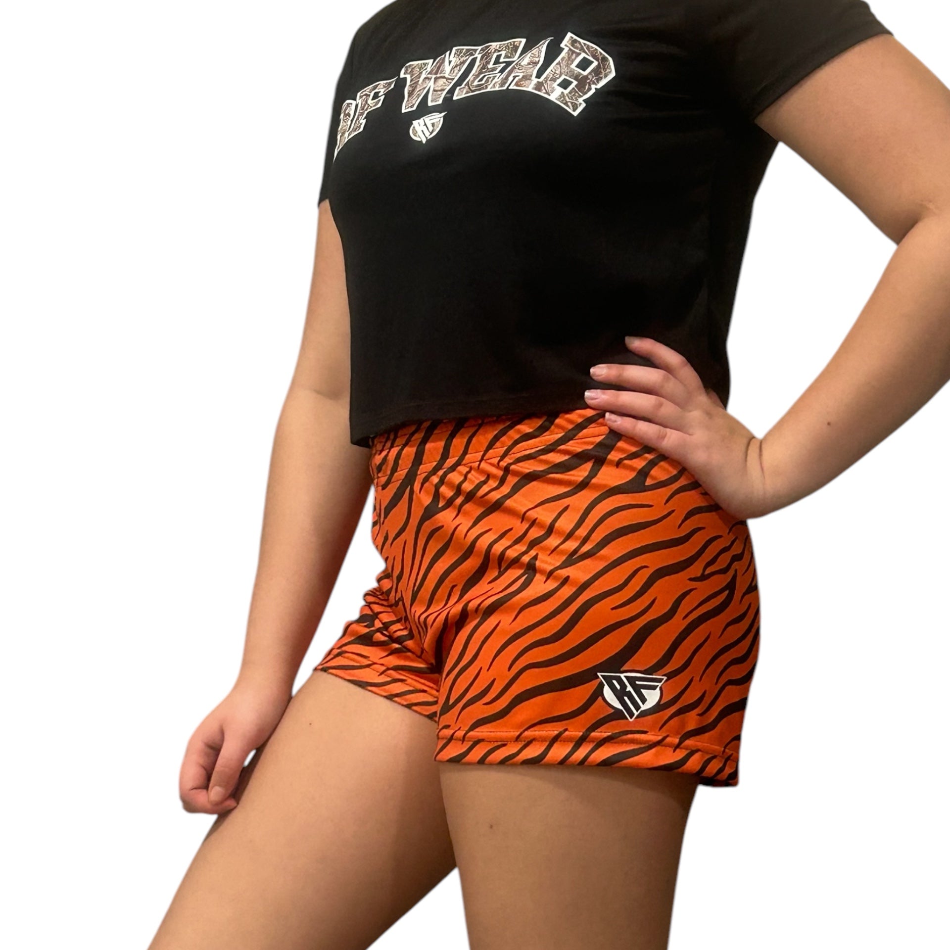 RF Wear Women's Animal Print Shorts - Tiger - Orange/Black - Model Side View