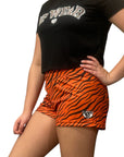 RF Wear Women's Animal Print Shorts - Tiger - Orange/Black - Model Side View
