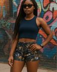Woman Wearing Navy Blue cropped top and RF-Wear Women's Tree Camo Shorts in Storm