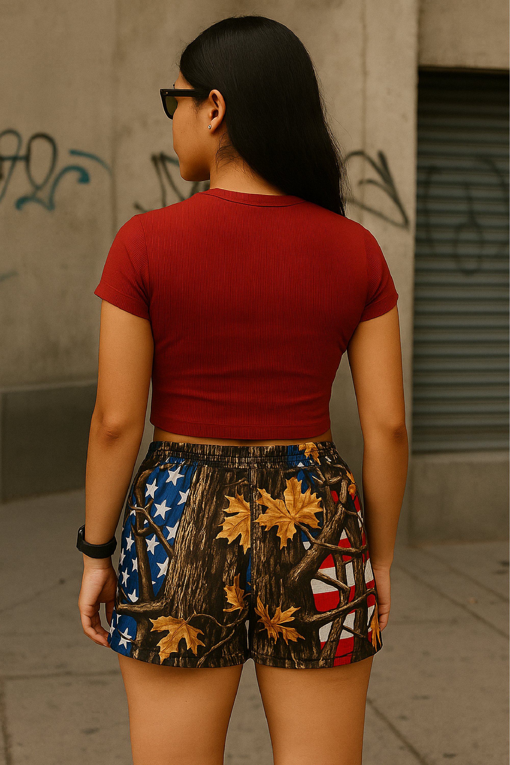 RF Women's Tree Camo Shorts - USA Flag - Back