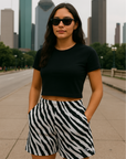 RF Wear Women's Animal Print Pocket Shorts - Zebra - Black/White - Model Front View