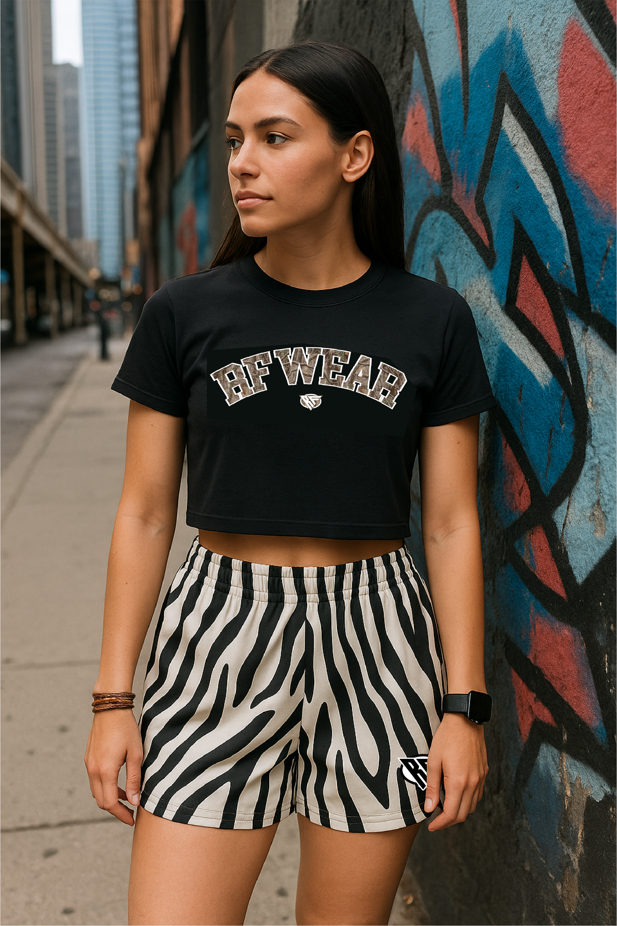 RF Wear Women's Animal Print Shorts - Zebra - Black/White - Model Front View
