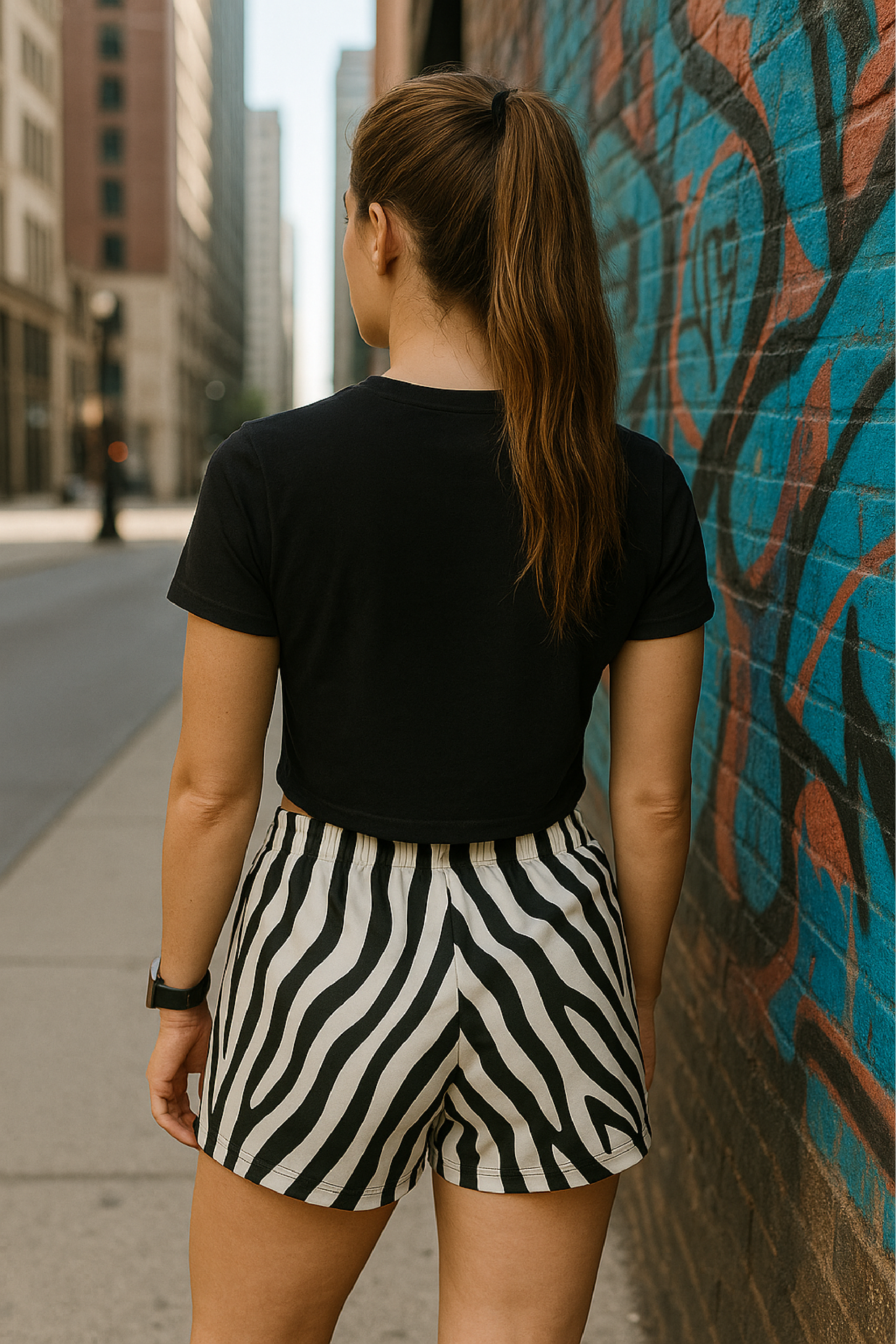 RF Wear Women's Animal Print Shorts - Zebra - Black/White - Model Back View