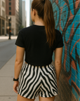 RF Wear Women's Animal Print Shorts - Zebra - Black/White - Model Back View