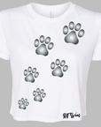 RF Wear Women's Cropped Flowy Paw Print T- Shirt - White Made in USA
