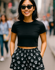 RF Wear Women's Animal Print Paws Pocket Shorts - Black/White Model Front View