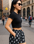 RF Wear Women's Animal Print Paws Pocket Shorts - Black/White Model Side View