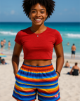Woman in red top and colorful shorts standing on a beach with ocean in the background