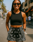 RF Wear Women's Bandana Pocket Shorts - Black - Model Front View