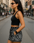 RF Wear Women's Bandana Pocket Shorts - Black - Model Side View