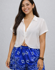 Woman wearing RF-Wear Women's Bandana Shorts in Blue/White