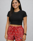 Woman wearing RF-Wear Women's Bandana Shorts in Red