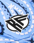 Close-up of RF-Wear Women's Bandana Shorts in Sky-Blue with RF logo
