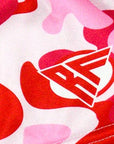 Close-up of RF-Wear Women's Camo Shorts - Pink/Red with RF logo