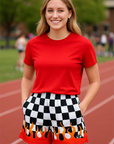 RF Wear Women's Checkered Flame Pocket Shorts - Black/White with Red Flames - Model Front View
