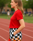 RF Wear Women's Checkered Flame Pocket Shorts - Black/White with Red Flames - Model Side View